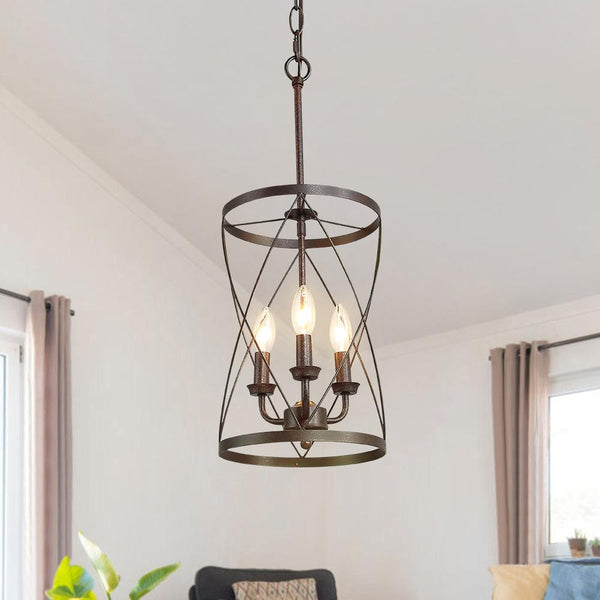 Chandelierias-3-Light Black Rustic Drum Pendant Chandelier-Chandelier--