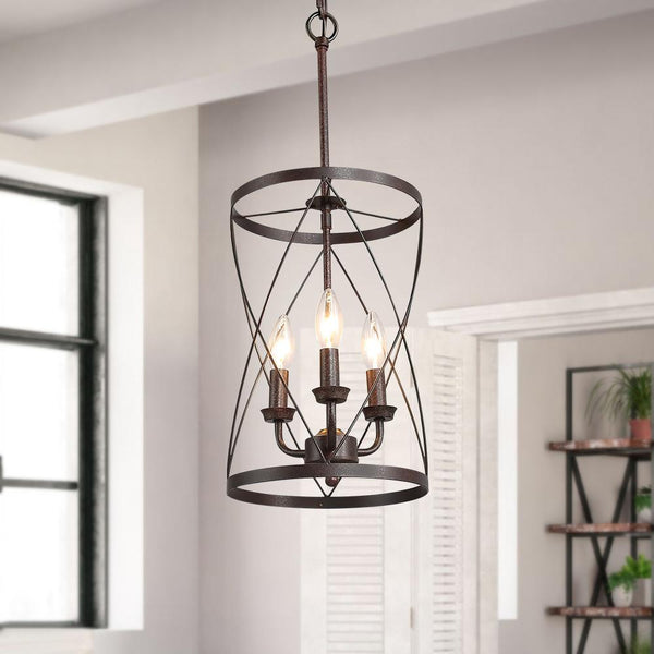 Chandelierias-3-Light Black Rustic Drum Pendant Chandelier-Chandelier--