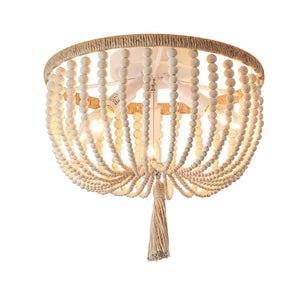 Chandelierias-3-Light Bowl Semi Flush Mount With Beads Accents-Flush Mount-Creamy & Wood-