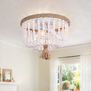 Chandelierias-3-Light Bowl Semi Flush Mount With Beads Accents-Flush Mount-White & Plastic-