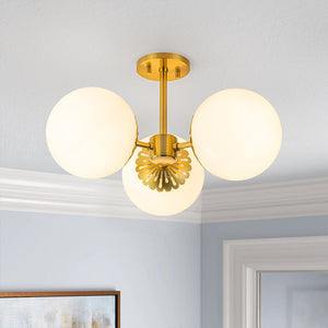 Chandelierias-3-Light Modern Dimmable Opal Glass Globe Semi-Flush Mount-Semi Flush-Brass (Pre-order)-