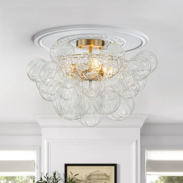 Chandelierias-3-Light Petals Textured Glass Bubble Semi-flush Mount-Chandeliers-Brass (Pre-order & Arrive in 2 Weeks)-