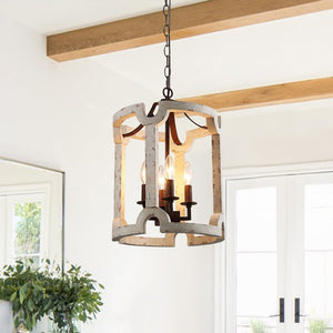 Chandelierias-4-Light Drum Distressed White Wood Chandelier-Chandelier--