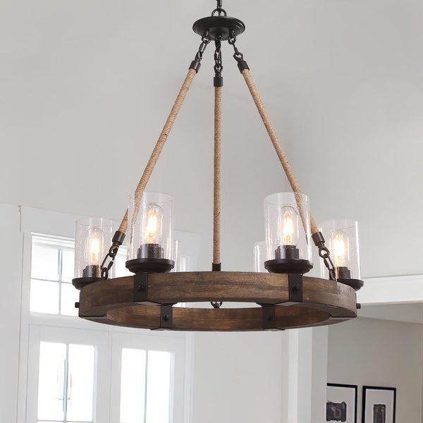 Chandelierias-6-Light Circular Wood Farmhouse Chandelier-Chandelier--