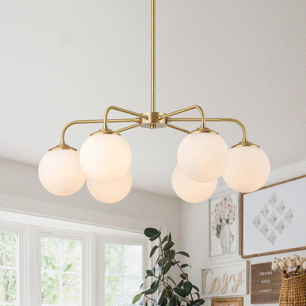 Chandelierias-6-Light Contemporary Frosted Milky Glass Sphere Chandelier-Chandeliers-Brass-6 Bulbs