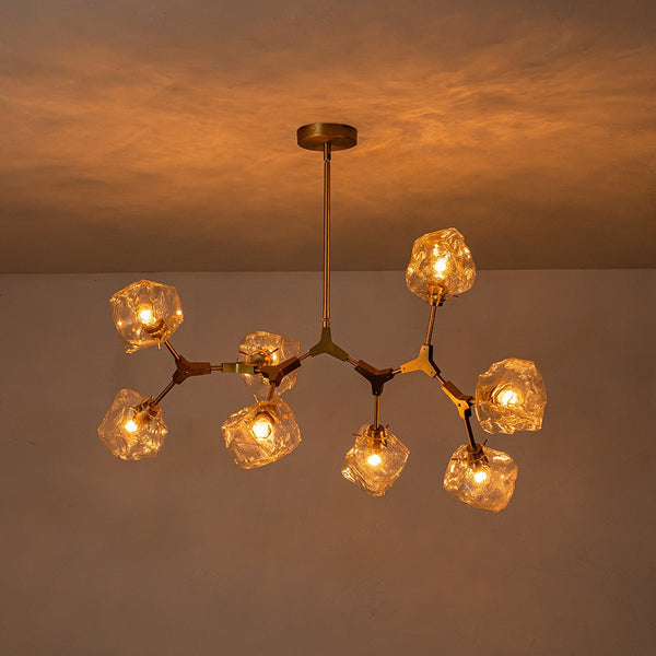 Chandelierias-8-Light Modern Ice Glass Cube Branch Linear Chandelier-Chandeliers-Brass (Pre-order & Arrive In 2 Weeks)-