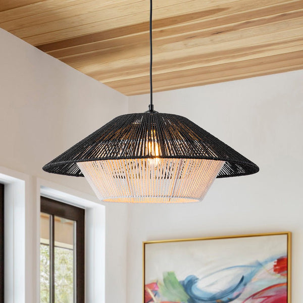 Chandelierias-Bohemian 1-Light Hat Pendant with Hemp Rope Accents-Pendant-Black-1 Bulb