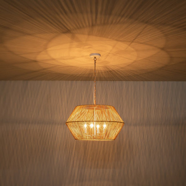 Chandelierias-Bohemian 4-Light Brown Hemp Rope Geometric Lantern Pendant-Pendant-Brown-4 Bulbs