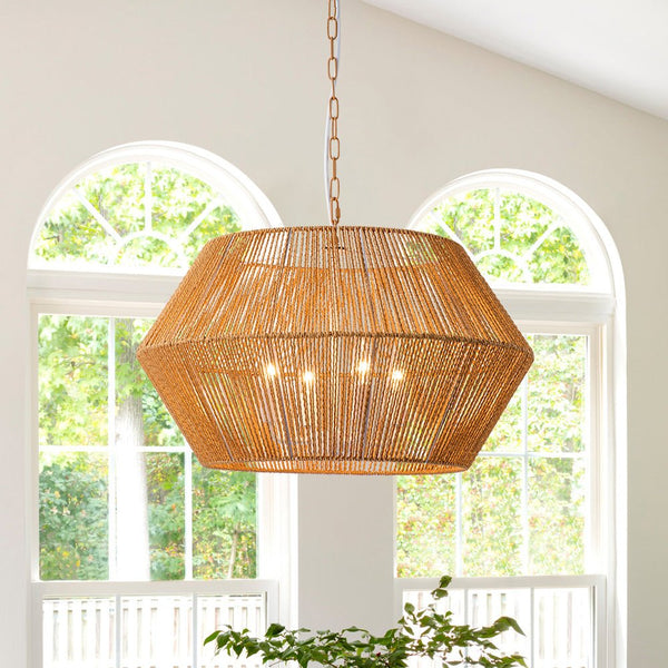 Chandelierias-Bohemian 4-Light Brown Hemp Rope Geometric Lantern Pendant-Pendant-Brown-4 Bulbs