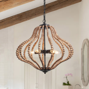Chandelierias-Boho 5-Light Farmhouse Antique Wood Beaded Chandelier-Chandeliers-Black-