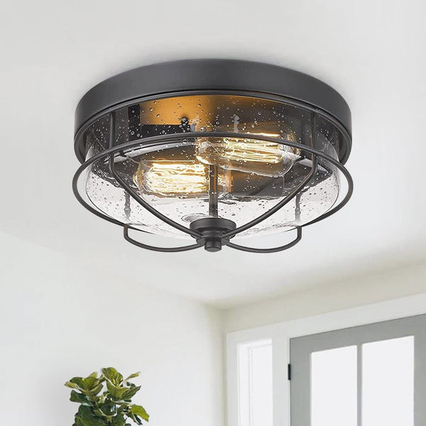 Chandelierias-Caged Flush Mount with Seeded Glass Shade-Flush Mount--