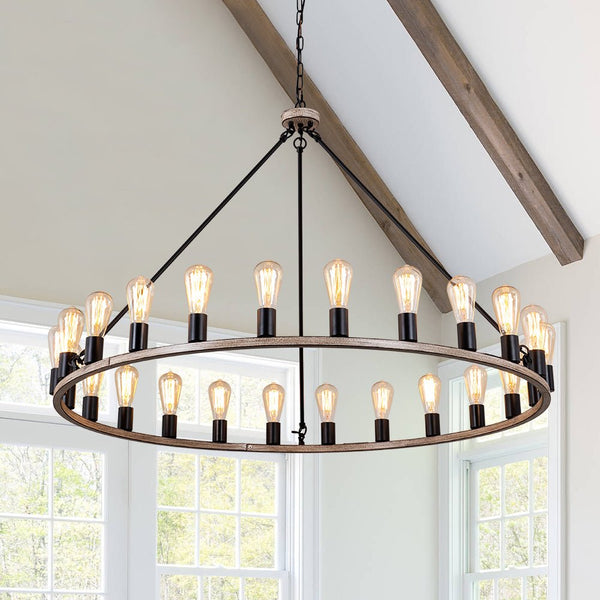 Chandelierias-Contemporary 24-light Round Wagon Wheel Chandelier-Chandelier-Wood Grain-