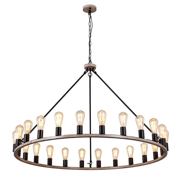 Chandelierias-Contemporary 24-light Round Wagon Wheel Chandelier-Chandelier-Wood Grain-