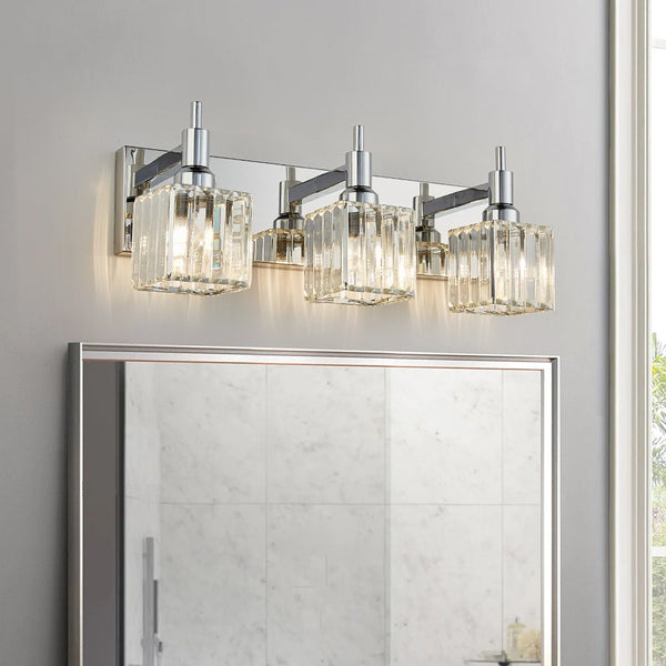 Chandelierias-Contemporary Crystal Vanity Light Fixture For Bathroom-Wall Light-Chrome-3 Bulbs