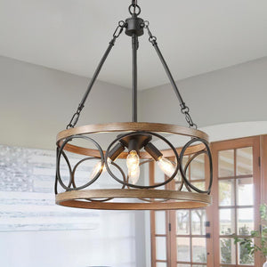 Chandelierias-Farmhouse 4-Light Wood Drum Pendant Chandelier-Chandelier--