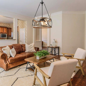 Chandelierias-Farmhouse 4-Light Wood Drum Pendant Chandelier-Chandelier--