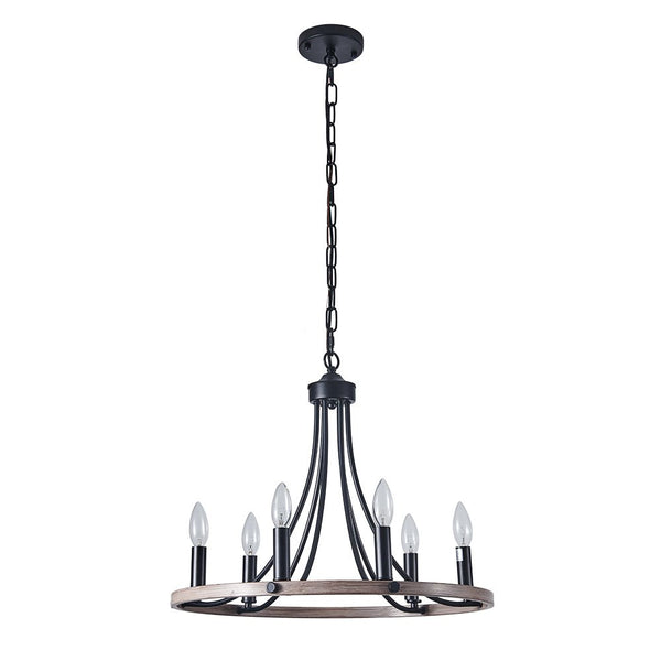 Chandelierias-Farmhouse 6-Light Candle-Style Wagon Wheel Chandelier-Chandeliers-Black & Faux Wood Grain-6 Bulbs