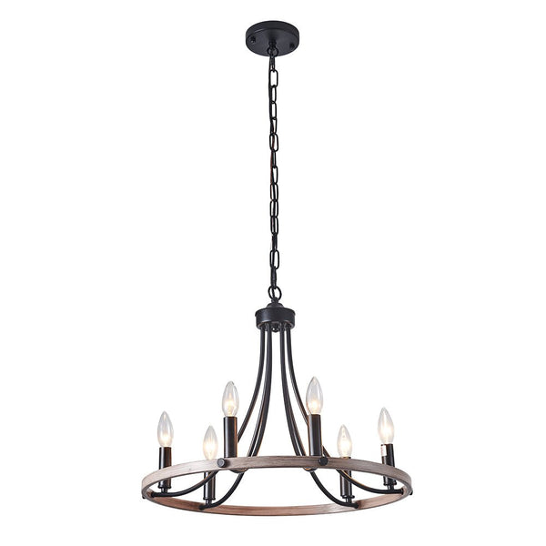 Chandelierias-Farmhouse 6-Light Candle-Style Wagon Wheel Chandelier-Chandeliers-Black & Faux Wood Grain-6 Bulbs