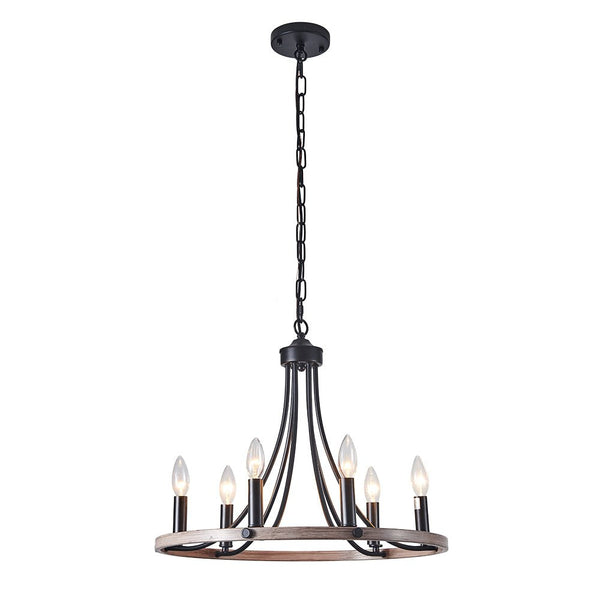 Chandelierias-Farmhouse 6-Light Candle-Style Wagon Wheel Chandelier-Chandeliers-Black & Faux Wood Grain-6 Bulbs