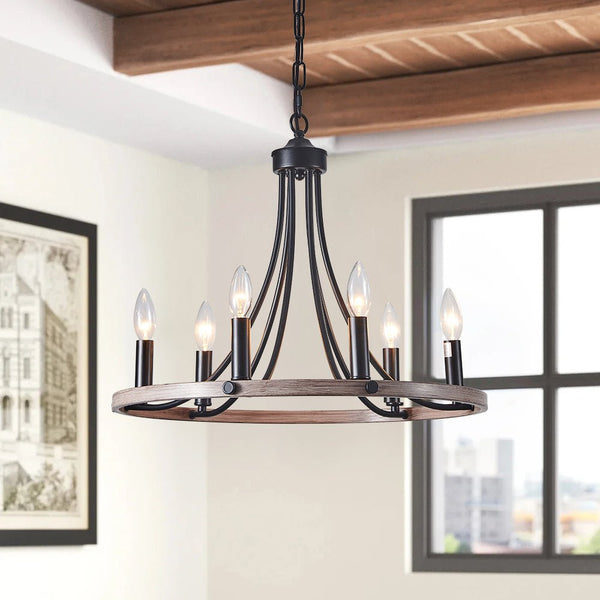 Chandelierias-Farmhouse 6-Light Candle-Style Wagon Wheel Chandelier-Chandeliers-Black & Faux Wood Grain-6 Bulbs