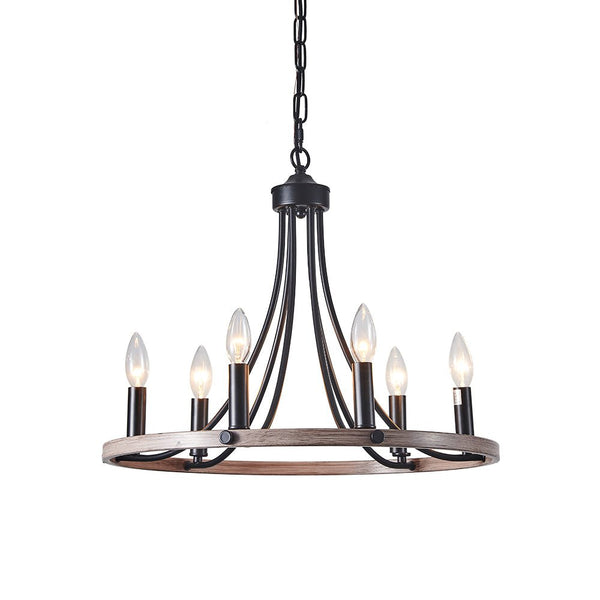 Chandelierias-Farmhouse 6-Light Candle-Style Wagon Wheel Chandelier-Chandeliers-Black & Faux Wood Grain-6 Bulbs