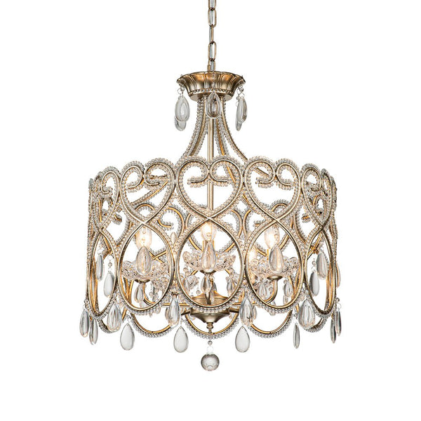 Chandelierias-French Style 5-Light Brass Drum Pendant with Crystal Accents-Pendant-Antique Brass-