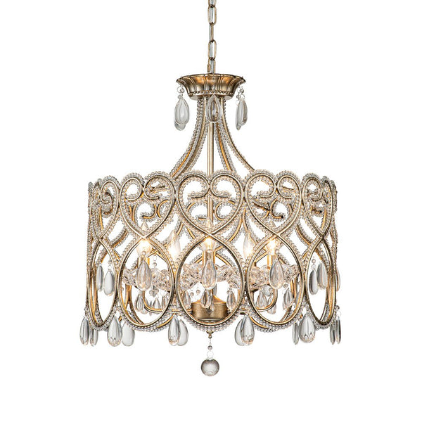 Chandelierias-French Style 5-Light Brass Drum Pendant with Crystal Accents-Pendant-Antique Brass-