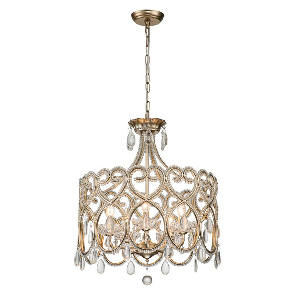 Chandelierias-French Style 5-Light Brass Drum Pendant with Crystal Accents-Pendant-Antique Brass-