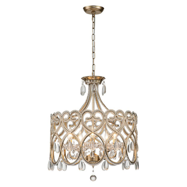 Chandelierias-French Style 5-Light Brass Drum Pendant with Crystal Accents-Pendant-Antique Brass-