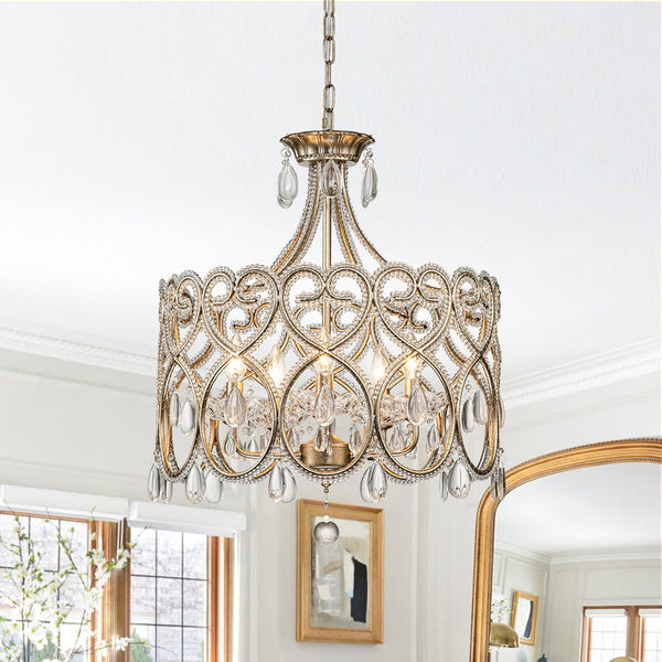 Chandelierias-French Style 5-Light Brass Drum Pendant with Crystal Accents-Pendant-Antique Brass-