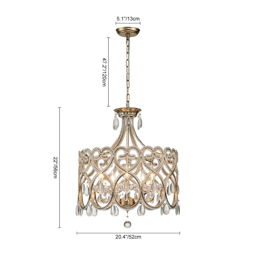 Chandelierias-French Style 5-Light Brass Drum Pendant with Crystal Accents-Pendant-Antique Brass-