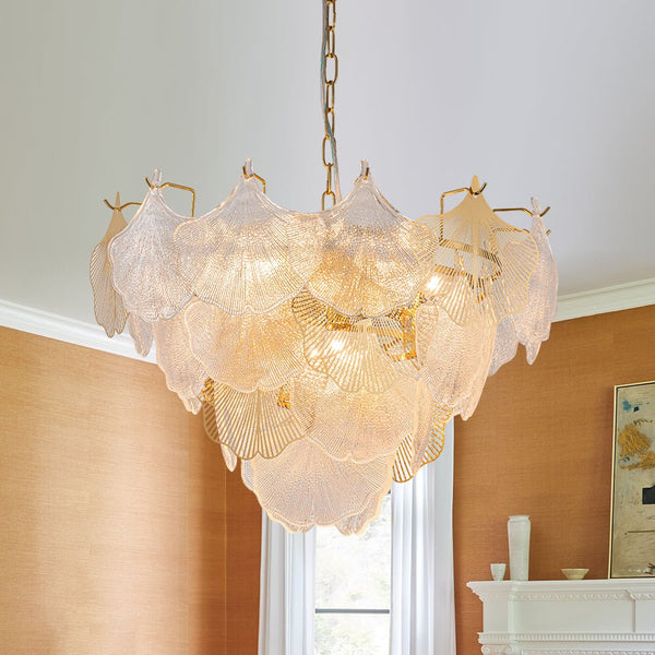 Chandelierias-Glam Glass and Metal Ginkgo Leaf Accents Chandelier-Chandelier-Brass-8 Bulbs (Pre-order)