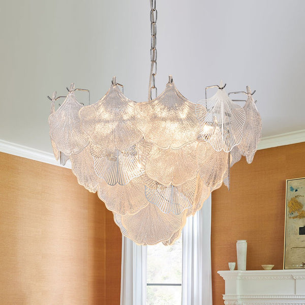 Chandelierias-Glam Glass and Metal Ginkgo Leaf Accents Chandelier-Chandelier-Chrome-8 Bulbs (Pre-order)