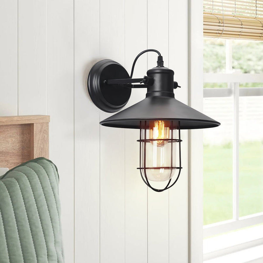 Chandelierias-Industrial 1-Light Black Metal Cage Wall Sconce-Wall Light--