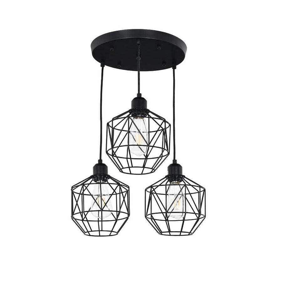 Chandelierias-Industrial 3-Light Cluster Geometric Cage Pendant-Pendant-Black-