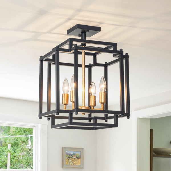 Chandelierias-Industrial 4-Light Square Cage Candle Semi-Flush Mount-Semi Flush-4 Bulbs-