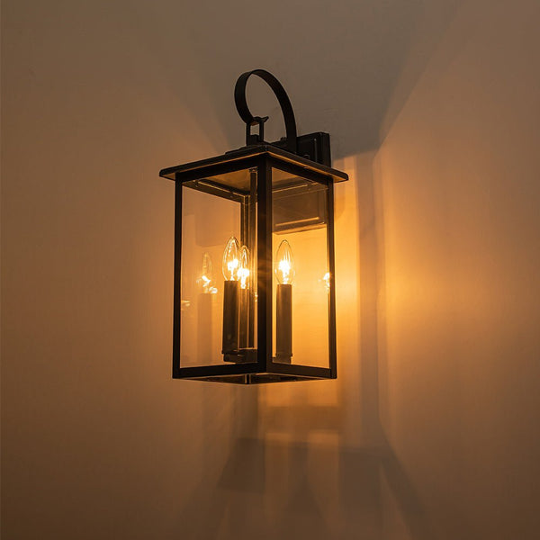 Chandelierias-Industrial Lantern 3-Light Glass Outdoor Wall Sconce-Wall Light-Black-