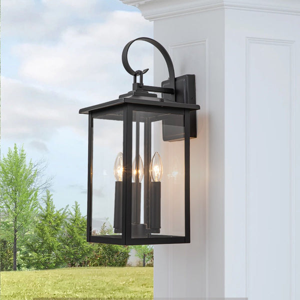 Chandelierias-Industrial Lantern 3-Light Glass Outdoor Wall Sconce-Wall Light-Black-