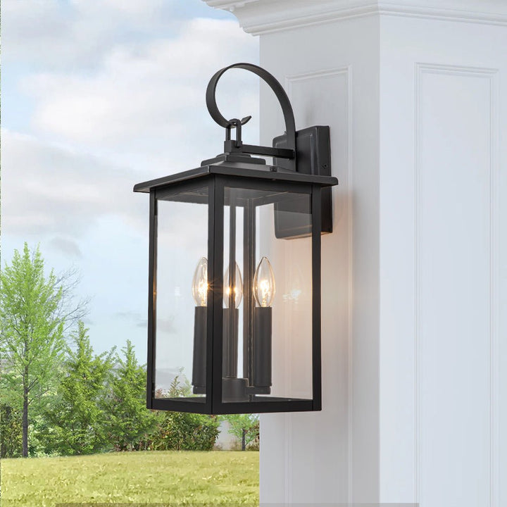 Chandelierias-Industrial Lantern 3-Light Glass Outdoor Wall Sconce-Wall Light-Black-