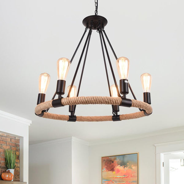 Chandelierias-Industrial Vintage Retro Hemp Rope Pendant Light-Pendant-6 bulbs-