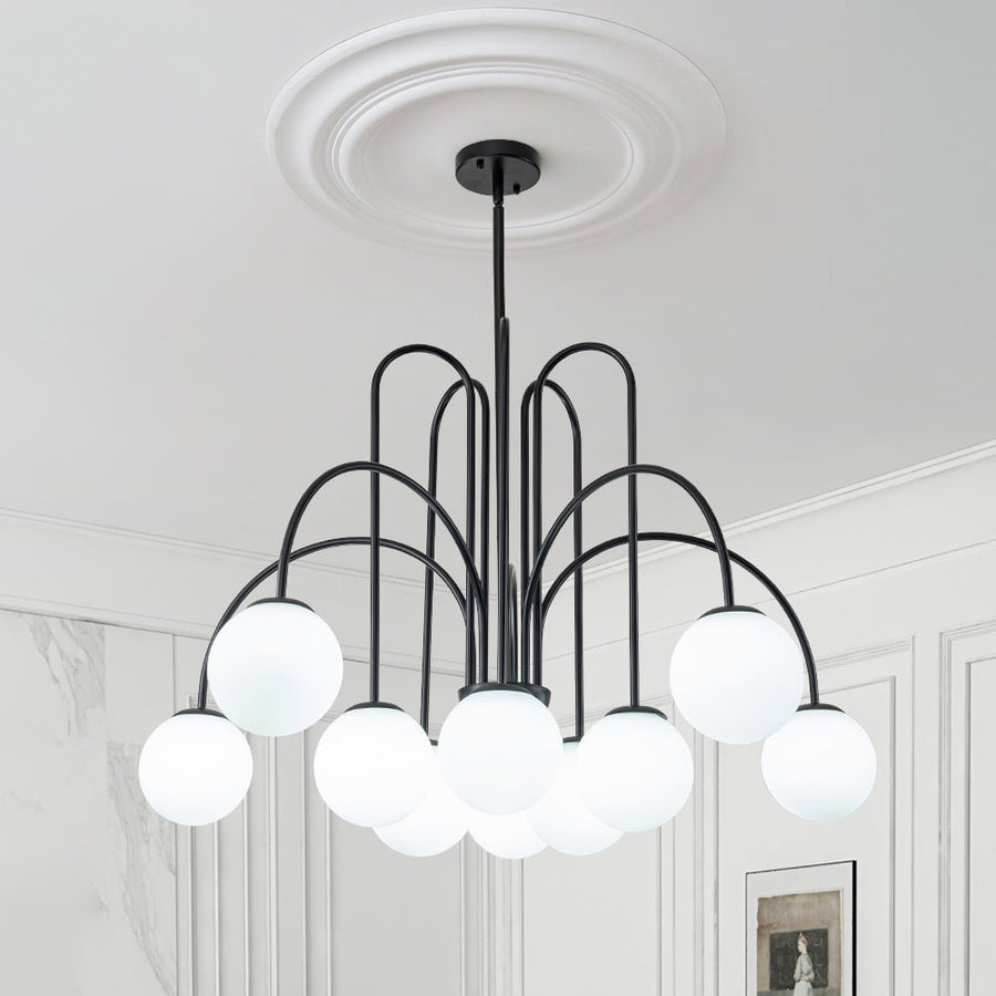 Chandelierias-Mid-century 10-Light Frosted Glass Globe Curved Chandelier-Chandeliers-Black-10 Bulbs
