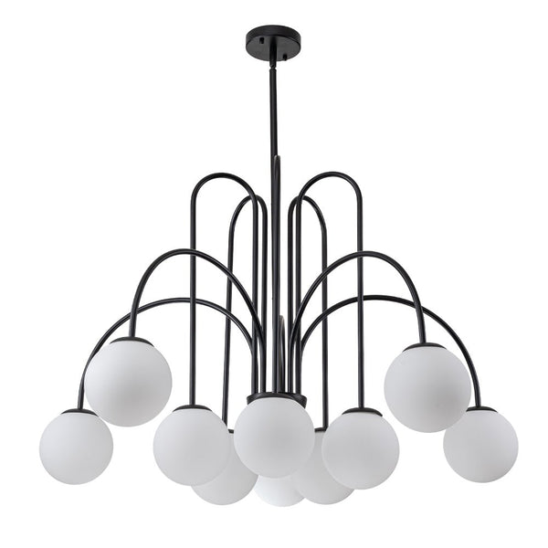 Chandelierias-Mid-century 10-Light Frosted Glass Globe Curved Chandelier-Chandeliers-Black-10 Bulbs