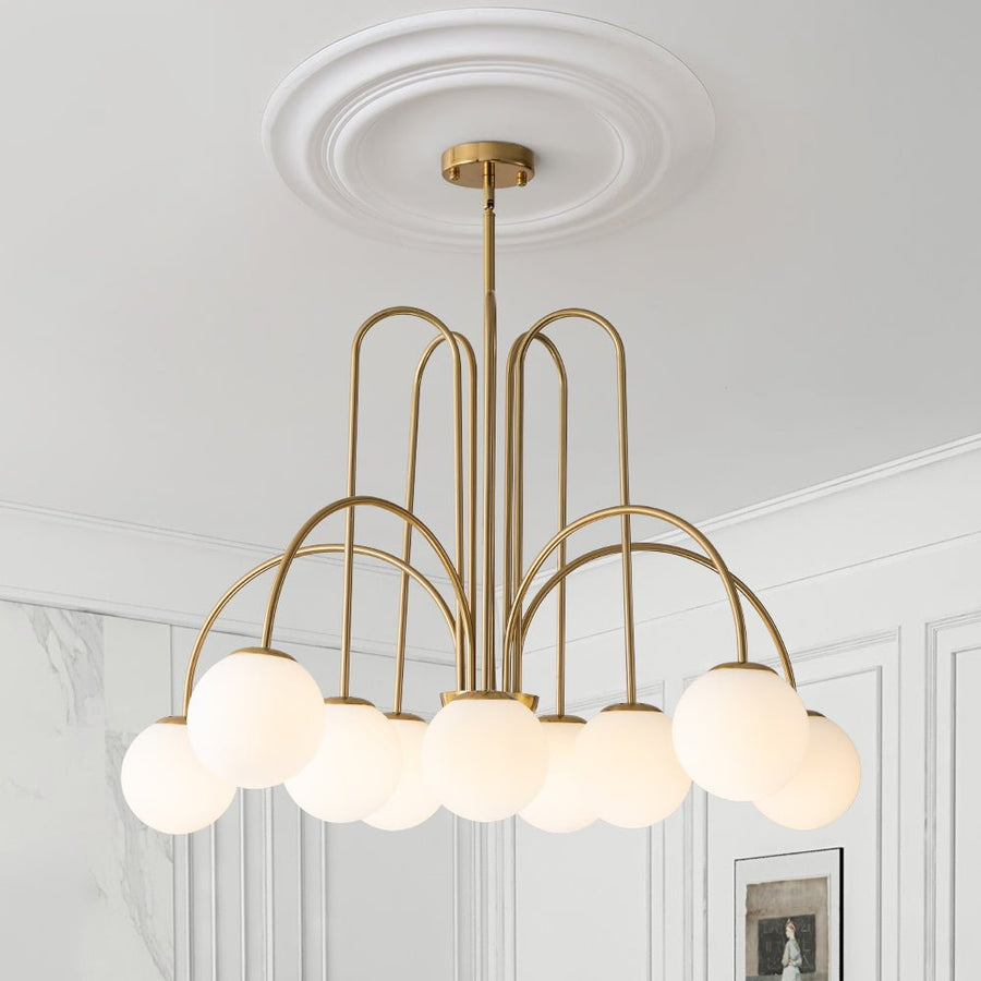 Chandelierias-Mid-century 10-Light Frosted Glass Globe Curved Chandelier-Chandeliers-Brass-10 Bulbs