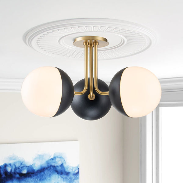 Chandelierias-Mid-century 3-Light Opal Glass Globe Semi-Flush Mount-Semi Flush-Brass-3 Bulbs