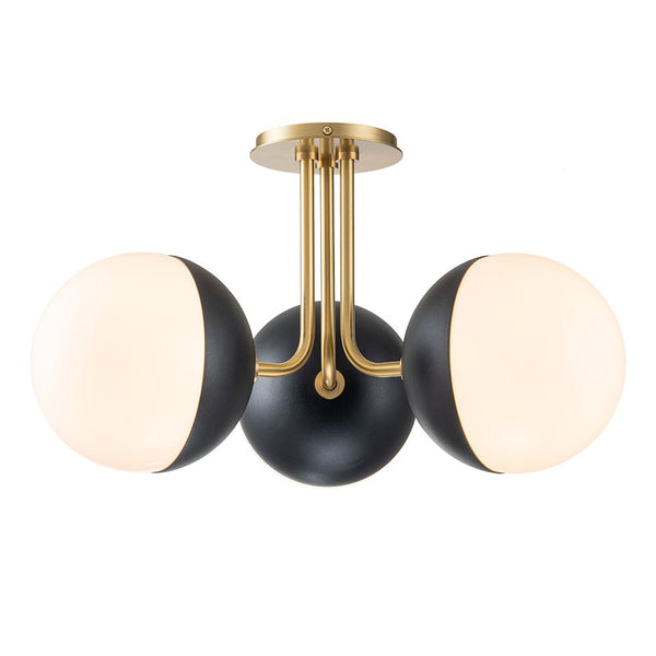 Chandelierias-Mid-century 3-Light Opal Glass Globe Semi-Flush Mount-Semi Flush-Brass-3 Bulbs