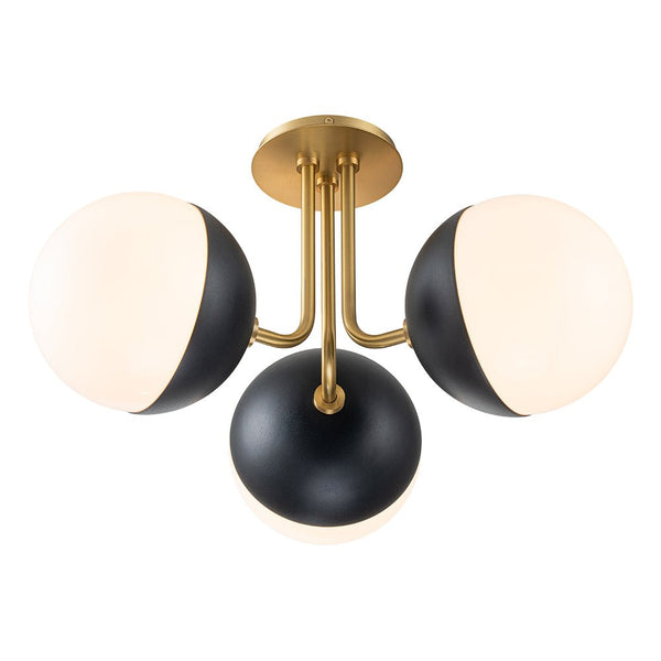 Chandelierias-Mid-century 3-Light Opal Glass Globe Semi-Flush Mount-Semi Flush-Brass-3 Bulbs