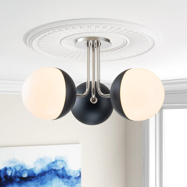 Chandelierias-Mid-century 3-Light Opal Glass Globe Semi-Flush Mount-Semi Flush-Nickel-3 Bulbs