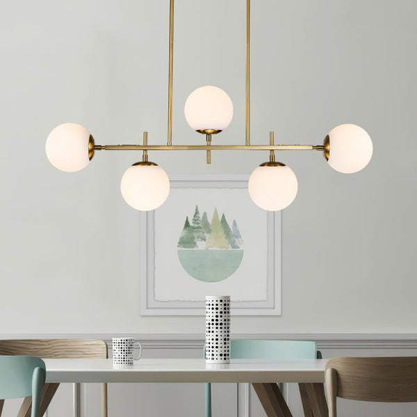 Chandelierias-Mid-Century 5-Light Glass Globe Linear Chandelier-Chandelier-Brass-