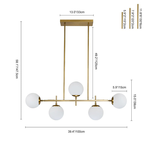 Chandelierias-Mid-Century 5-Light Glass Globe Linear Chandelier-Chandelier-Brass-