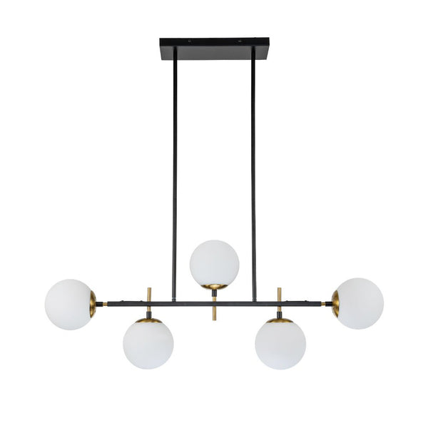 Chandelierias-Mid-Century 5-Light Glass Globe Linear Chandelier-Chandelier-Brass & Black-